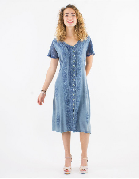 Robe Viscose Brodee Manches Courtes
