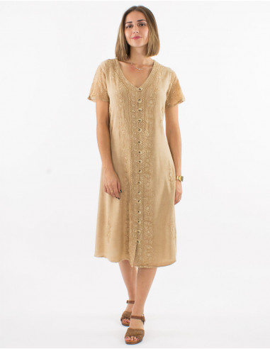 Embroidered viscose dress with short sleeves