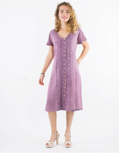 Embroidered viscose dress with short sleeves