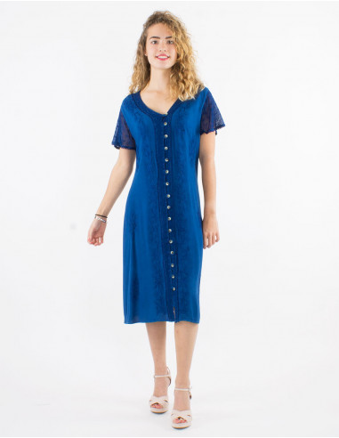 Embroidered viscose dress with short sleeves