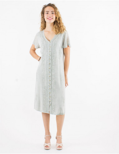 Embroidered viscose dress with short sleeves
