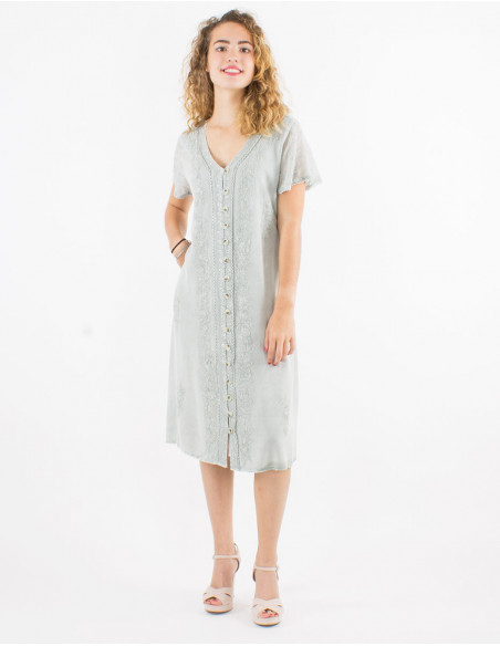 Robe Viscose Brodee Manches Courtes