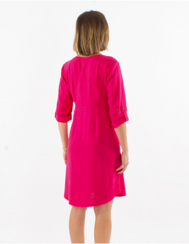 54% linen 46% viscose buttoned dress with roll-up sleeves