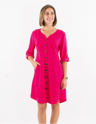 54% linen 46% viscose buttoned dress with roll-up sleeves