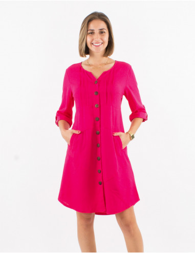 54% linen 46% viscose buttoned dress with roll-up sleeves