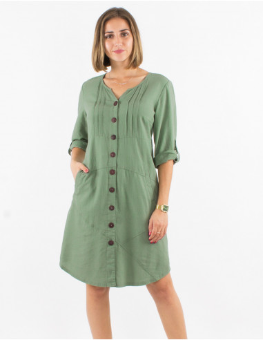 54% linen 46% viscose buttoned dress with roll-up sleeves