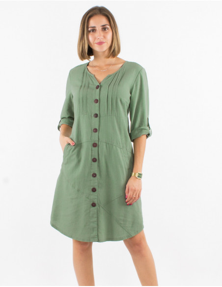 54% linen 46% viscose buttoned dress with roll-up sleeves