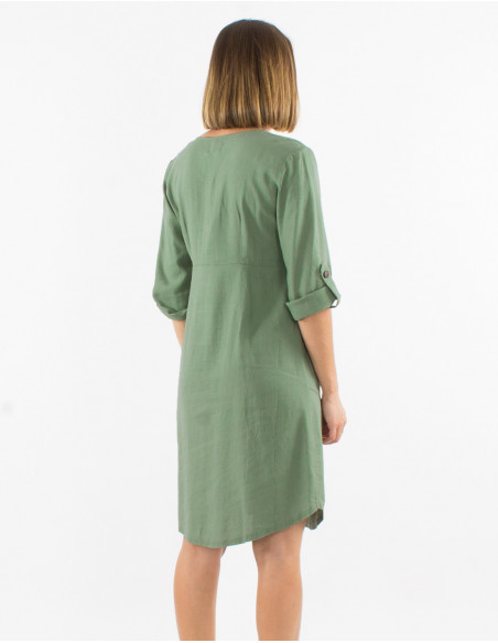 54% linen 46% viscose buttoned dress with roll-up sleeves