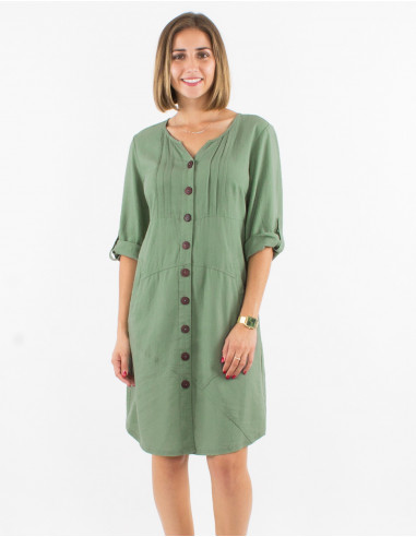 54% linen 46% viscose buttoned dress with roll-up sleeves