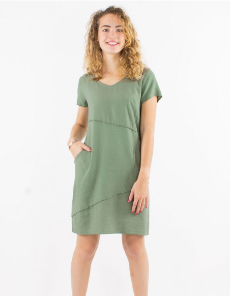 54% linen 46% viscose dress with v-neck and short sleeves