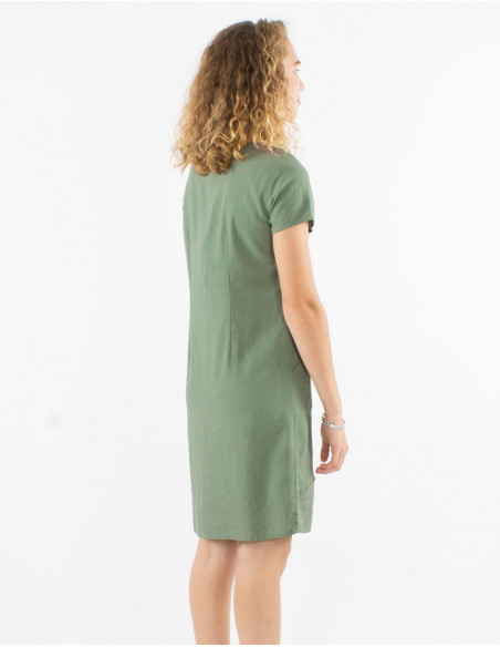 54% linen 46% viscose dress with v-neck and short sleeves