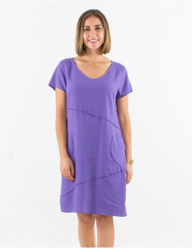 54% linen 46% viscose dress with v-neck and short sleeves