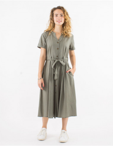 Long 91% cotton 9% linen dress with short sleeves