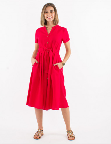 Long 91% cotton 9% linen dress with short sleeves