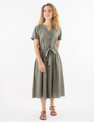 Long 91% cotton 9% linen dress with short sleeves