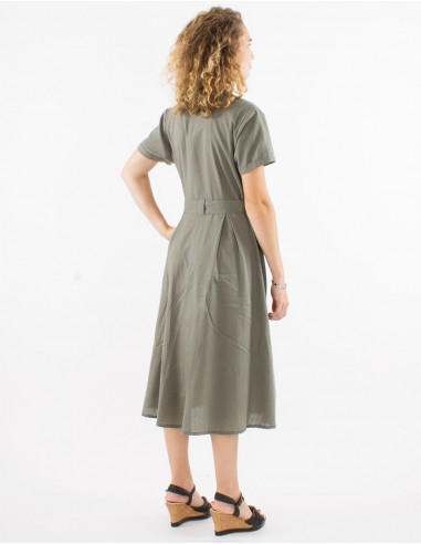Long 91% cotton 9% linen dress with short sleeves