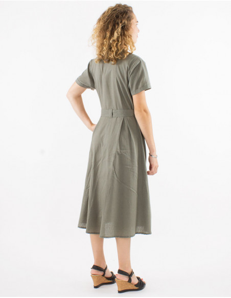 Long 91% cotton 9% linen dress with short sleeves