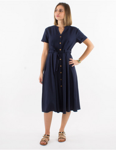 Long 91% cotton 9% linen dress with short sleeves