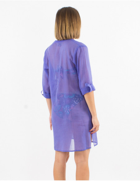 Tunique voile de coton unie plage manches 3/4