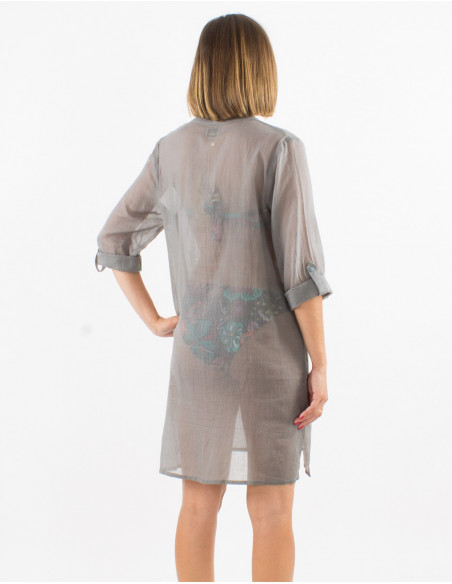 Tunique voile de coton unie plage manches 3/4