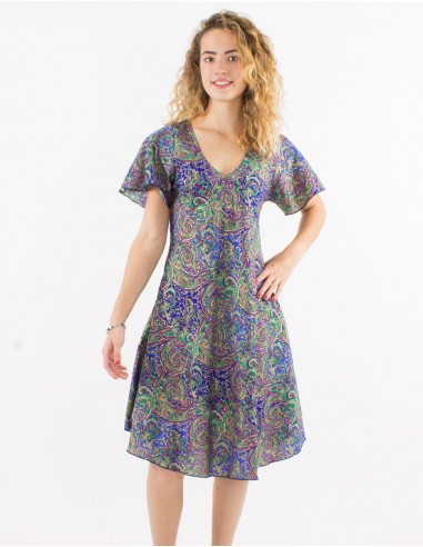 Polyester sari silvery dress with short sleeves and silver print