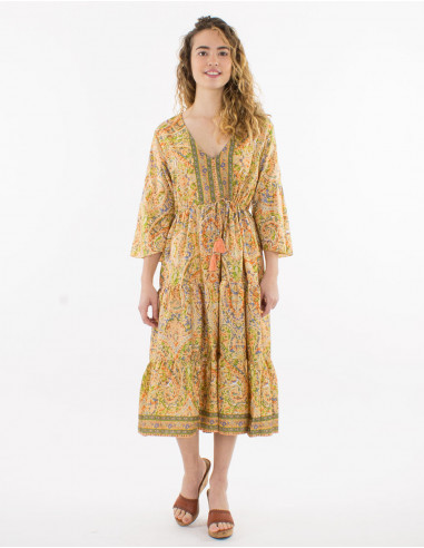 3/4-sleeve sari print polyester dress