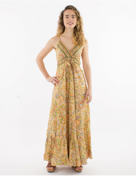 Robe longue polyester bretelles imprimé sari