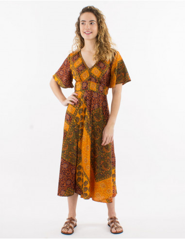 Short-sleeved polyester sari print maxi dress