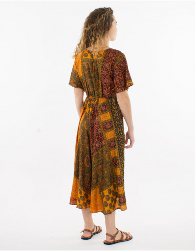 Short-sleeved polyester sari print maxi dress