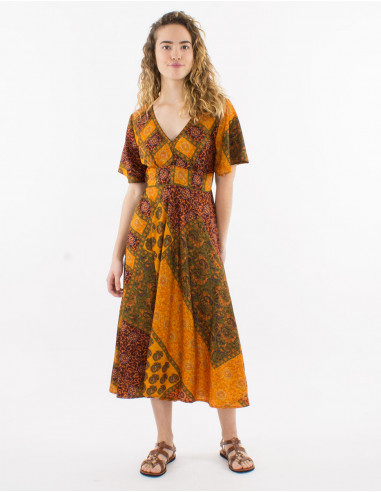 Short-sleeved polyester sari print maxi dress