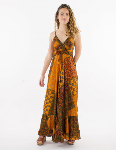 Sari print polyester strapless maxi dress