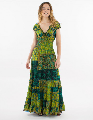 Long polyester dress with smocked sari print top