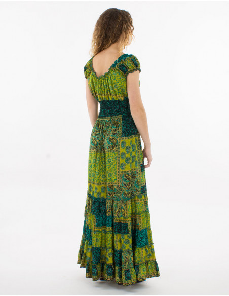 Robe longue polyester haut smocké imprimé sari