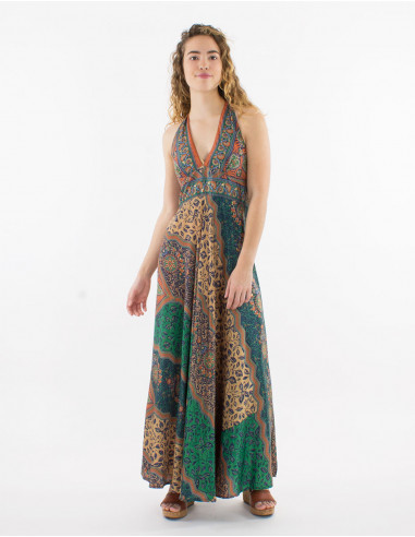 Gold sari print polyester halter maxi dress