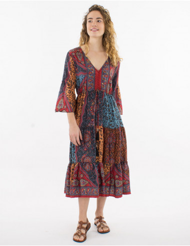 Robe polyester manches 3/4 imprimé sari doré