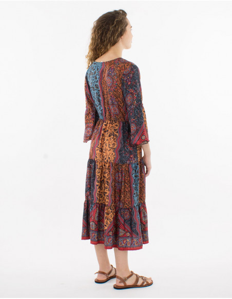 3/4-sleeve gold sari print polyester dress