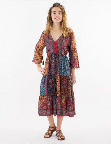 Robe polyester manches 3/4 imprimé sari doré