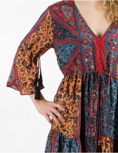 3/4-sleeve gold sari print polyester dress