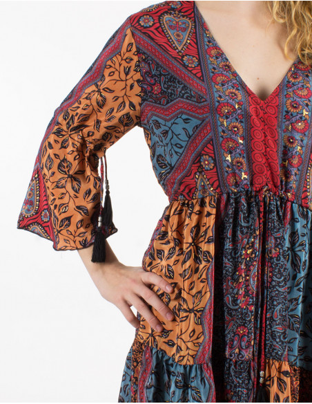 3/4-sleeve gold sari print polyester dress