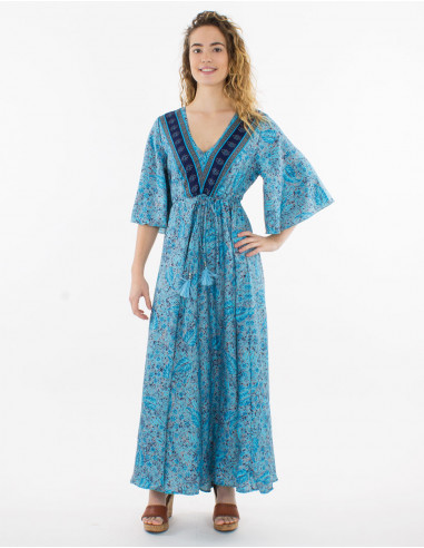 Short-sleeved polyester sari print maxi dress