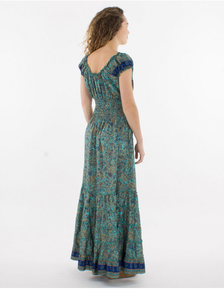 Long polyester dress with smocked sari print top