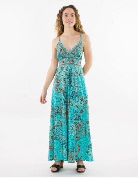 Long polyester backless dress and pansy print