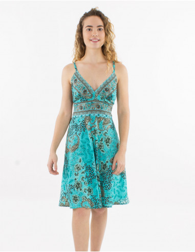 Short polyester backless dress and pansy print