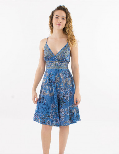 Short polyester backless dress and pansy print