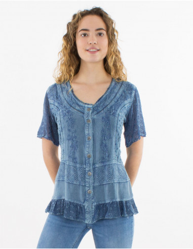 Embroidered sw viscose blouse with short sleeves