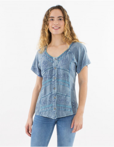 Embroidered sw viscose blouse with short sleeves