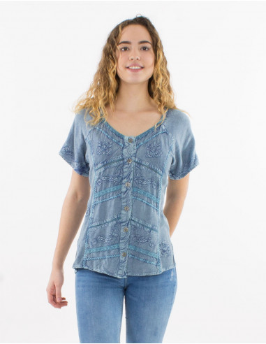 Embroidered sw viscose blouse with short sleeves