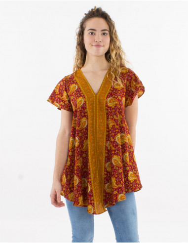 Printed sari polyester blouse with short sleeves