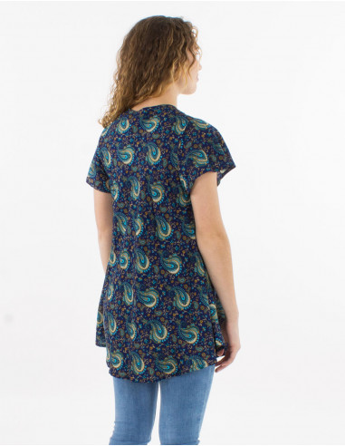 Printed sari polyester blouse with short sleeves