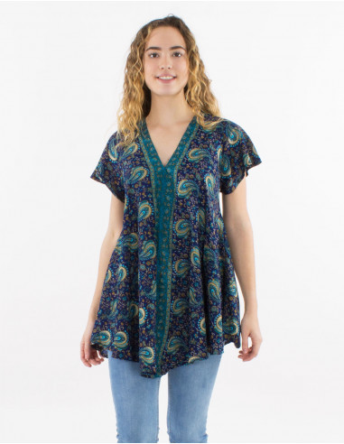 Printed sari polyester blouse with short sleeves